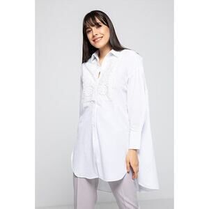 Zara Long Sleeve Lace Trim Button-Up Hi-Low Tunic Shirt Women's Size L White